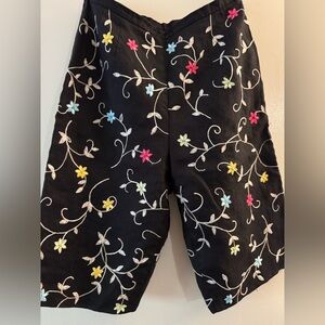 Vintage Talbots Irish Linen Black With Floral Embroidered Jorts Lined Bloomers